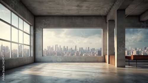 Empty loft style room with concrete floor with cityscape, Concept of real estate.