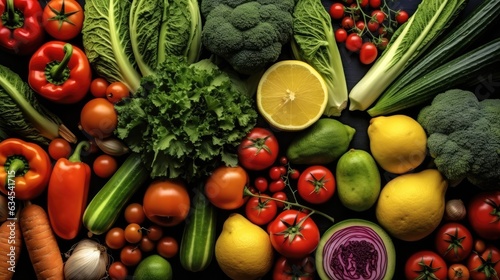 Fresh organic fruits and vegetables, Variety of raw vegetables and spices for cooking.