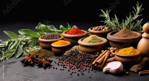 Spices and herbs on black table, Spices for cooking.