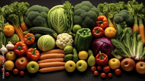 Fresh organic fruits and vegetables  Variety of raw vegetables and spices for cooking.