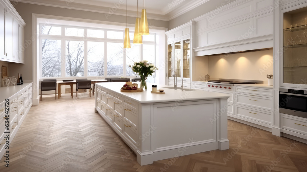 Interior design of a pool villa highlighting a kitchen area with counter, Luxury kitchen. Interior design of a pool villa highlighting a kitchen area with counter, Luxury kitchen.
