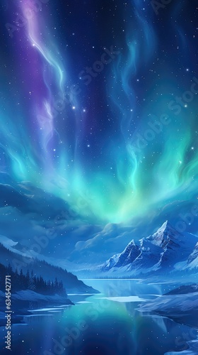 ethereal northern lights dancing over a frozen landscape as a background to commemorating Christmas