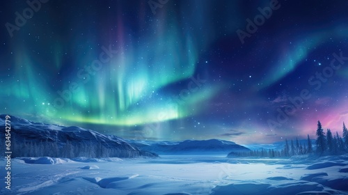 ethereal northern lights dancing over a frozen landscape as a background to commemorating Christmas photo