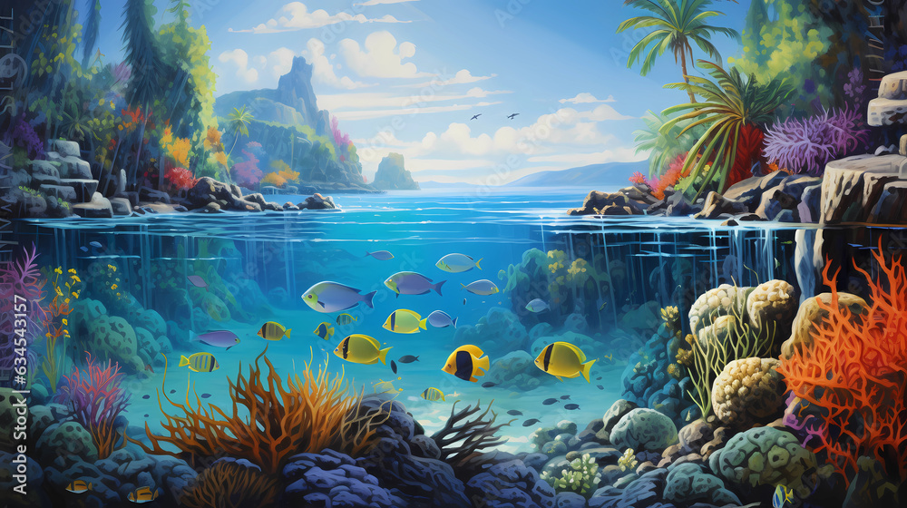 An idyllic lagoon teeming with colorful fish - obrazy, fototapety, plakaty 