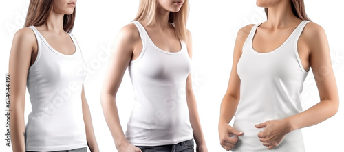 Woman wearing white tank top shirt. blank tank top shirt for design mock up isolated on transparent background.