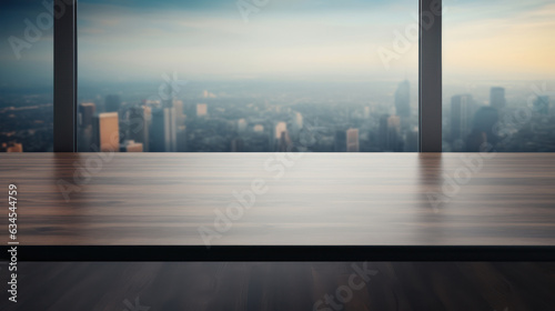 Empty black table top counter desk background with and blurred city