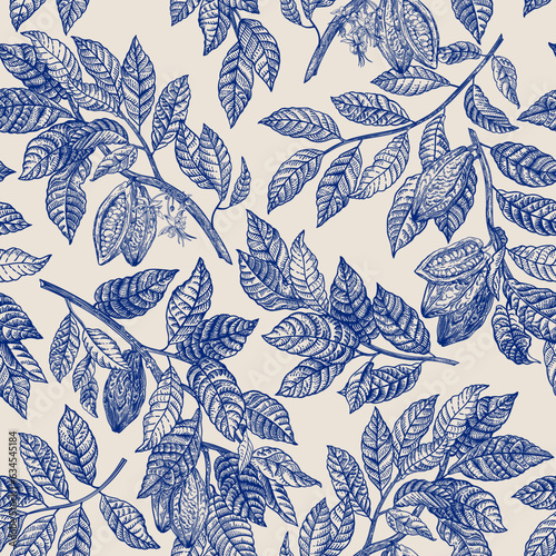 Seamless floral pattern with leaves. Cocoa plant branches. Blue