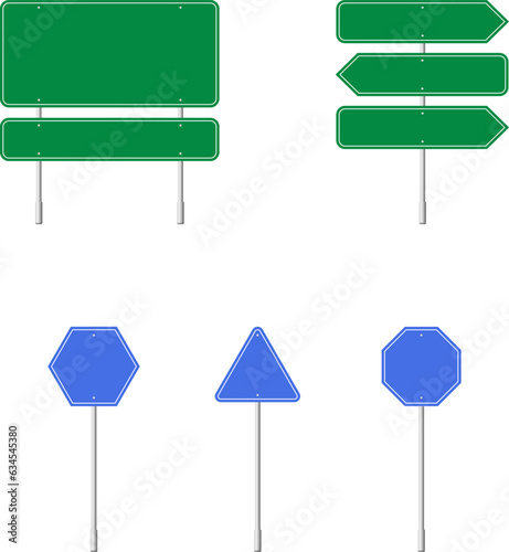 Road traffic signs set. Board blank with place for text. Isolated information direction sign. Vector illustration