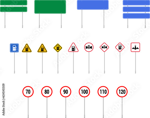 Road traffic signs set. Board blank with place for text. Isolated information direction sign. Vector illustration
