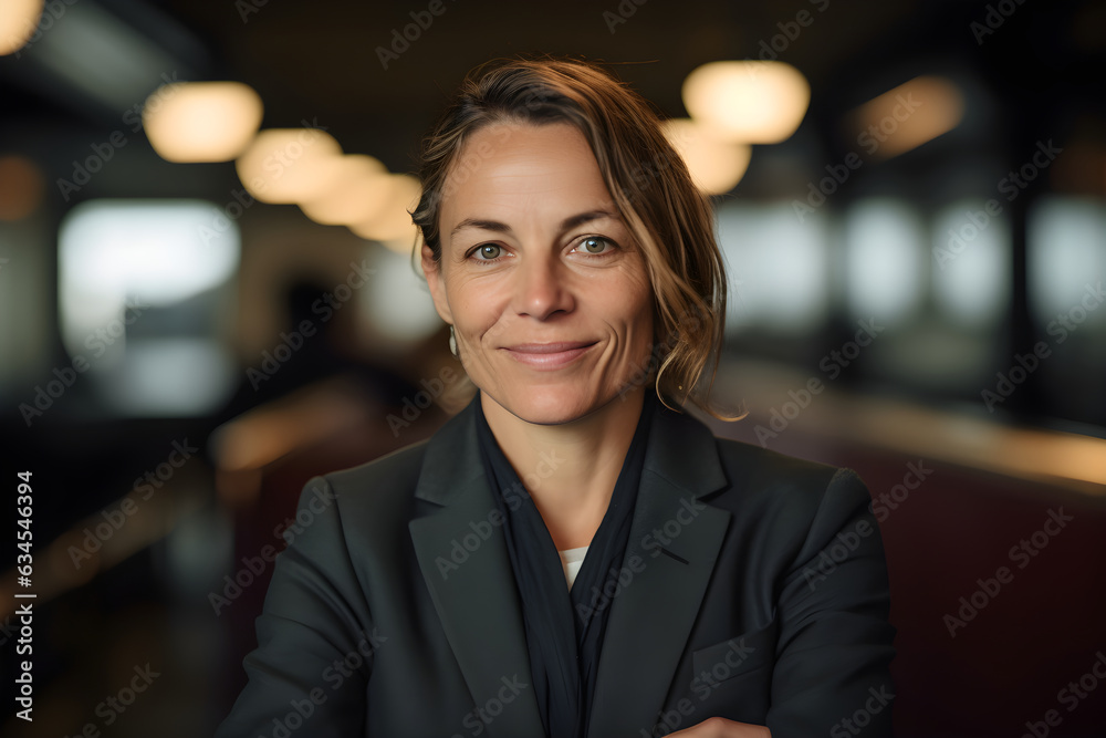 Portrait of successful professional business woman. Happy confident positive female looking at camera while standing with crossed hands against blurred glass walled illuminated office Portrait of successful professional business woman. Happy confident positive female looking at camera while standing with crossed hands against blurred glass walled illuminated office