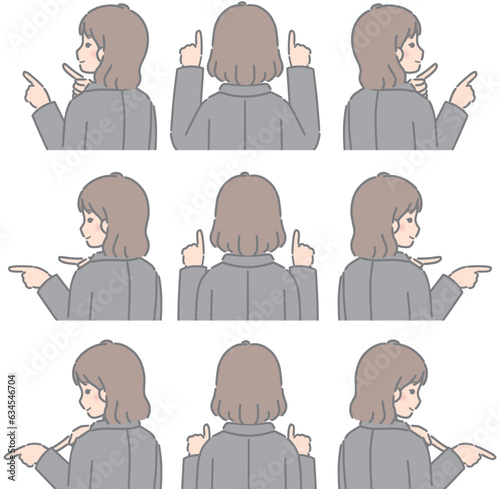 両手で色々な方向を指さす若い女性（後ろ向き、スーツ）