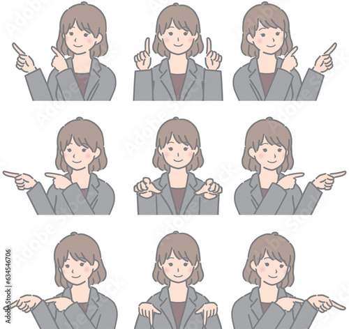 両手で色々な方向を指さす若い女性（スーツ）