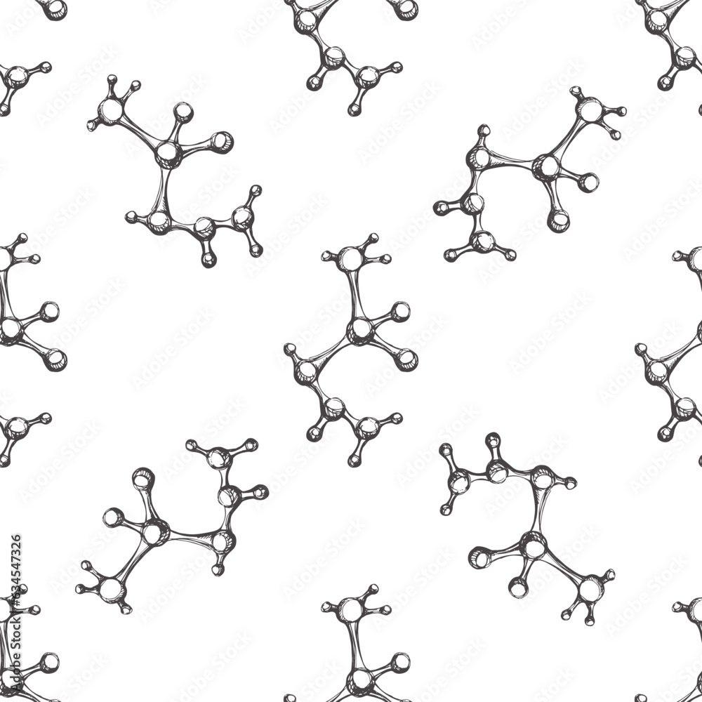 Vector hand-drawn school Illustration. Detailed retro style crystallized molecule  seamless pattern. Vintage sketch drawing,  doodle. Back to School.