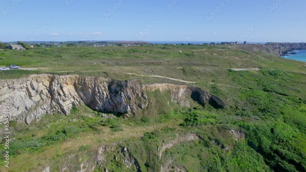 Aerial backward over Goulien beach coast and cliffs in Brittany, France Aerial backward over Goulien beach coast and cliffs in Brittany, France