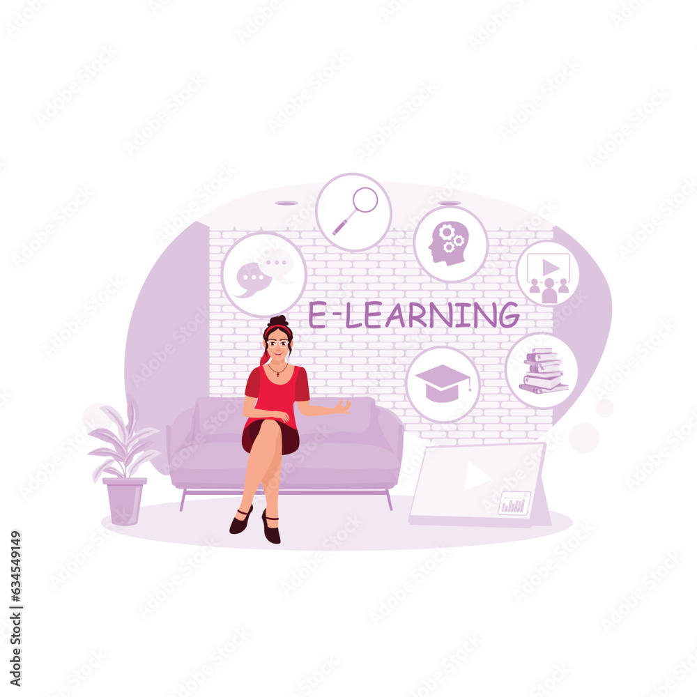e-learning text with a woman sitting on the couch. And some educational icons. e-learning concept. Trend Modern vector flat illustration. e-learning text with a woman sitting on the couch. And some educational icons. e-learning concept. Trend Modern vector flat illustration.