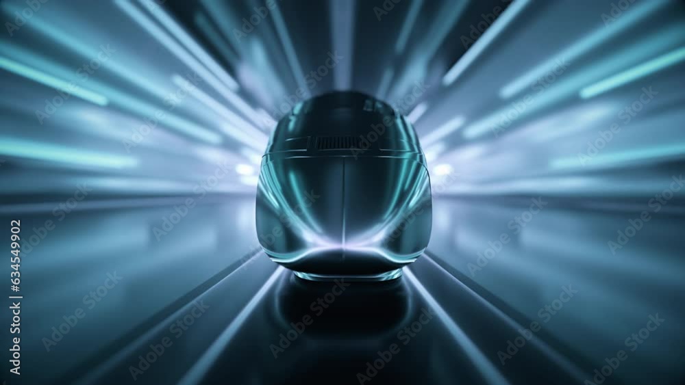 Futuristic train moving through a tunnel, colorful light beams reflect on the train as it drives at near light speed.