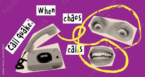 Retro phone, woman lips , hand and eye as retro halftone collage elements with girly doodles for mixed media design. Dotted pop art style. Vector illustration, grunge punk crazy art