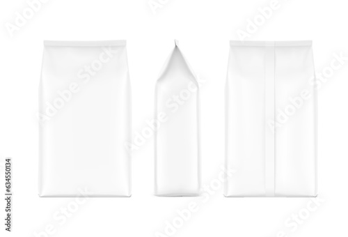 High realistic vertical bag mockup. Front, side and back view. Vector illustration isolated on white background. Ready for use in presentation, promo, advertising and more. EPS10.	