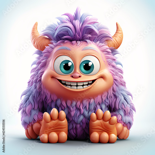 Cute furry cartoon monster in 3D style isolated on plain background
