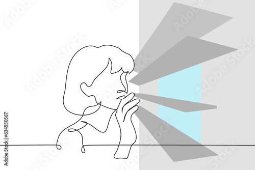 woman looking through the blinds at the window - one line art vector. the concept of spying on neighbors, hiding in the house, peeking out from under the blinds