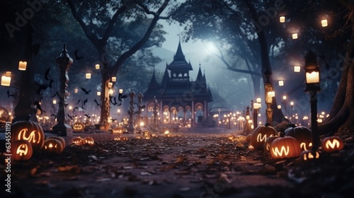 Halloween background with pumpkins and cemetery light and bokeh at night.