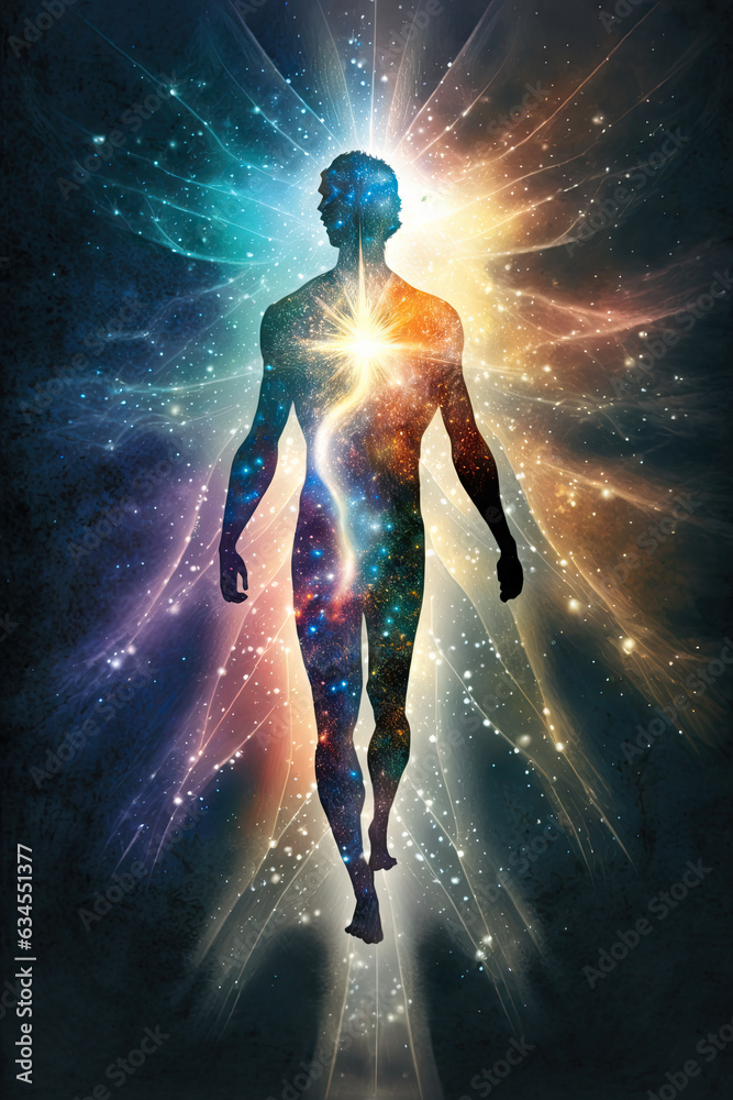 Digital illustration of human body in abstract space background with lights and stars