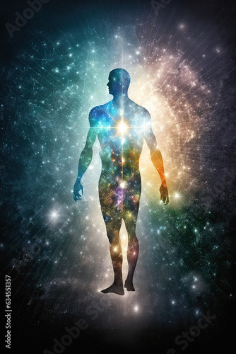 Human body with abstract space background concept. 3D Rendering. chakras