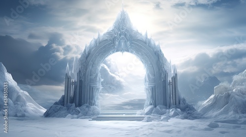 Magical portal on winter landscape, fairy tale background with ice crystal door, mirror or gate with fantasy castle, snowy landscape with glowing entrance on rock under cloudy gray sky
