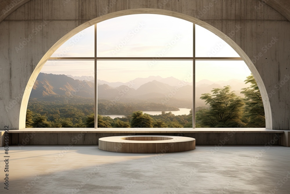 Natures artistry embraced by circular window in expansive concrete room.