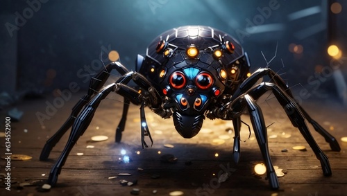 Mysterious Spider with Glowing Eyes in Dark Night © Udara