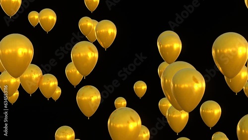 3d render of golden balloons flying upwards, birthday or holiday celebration concept. Video with alpha channel