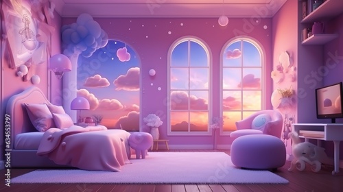 Pink purple room for a girl with a large bed, a fluffy carpet, a floor lamp light in the evening and a panoramic window 3d illustration