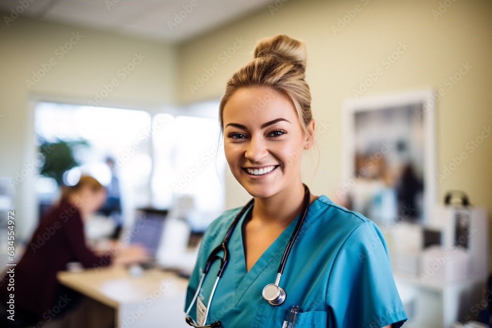 cheerful veterinarian, standing in a veterinary clinic with pet accessories around
