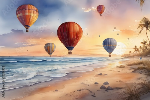 Colorful balloons rising up during sunset background