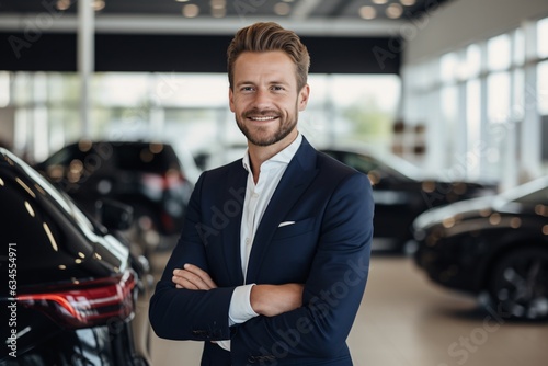charismatic salesperson in a car showroom, leaning against a brand-new car © Christian