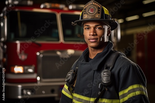 confident firefighter, standing tall in front of a fire truck. Wearing full uniform, helmet, and a determined look in his eyes