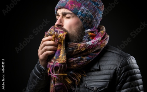 Impaired Health: Portrait of a man sneezing in his fight against a cold.