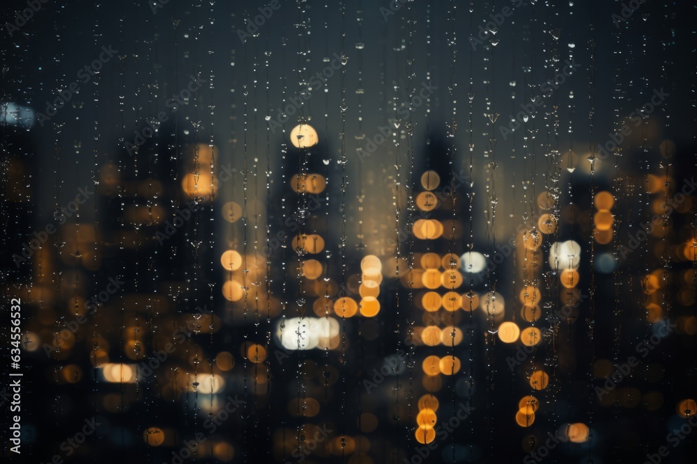 City view through a window on a rainy night with rain drops and bokeh ...