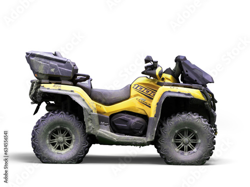 Four quad yellow bike right side view 3d render on white