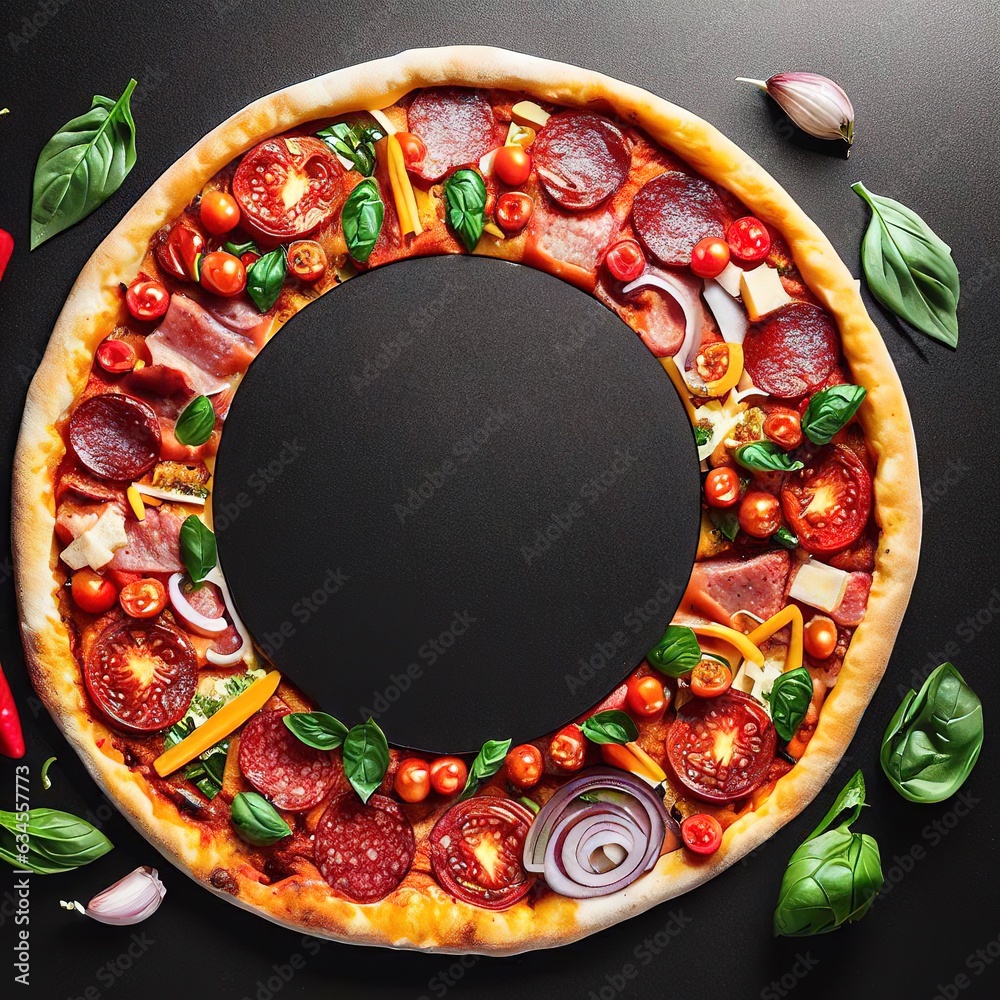 Circular frame made of fresh ingredients around delicious italian pizza over black counter