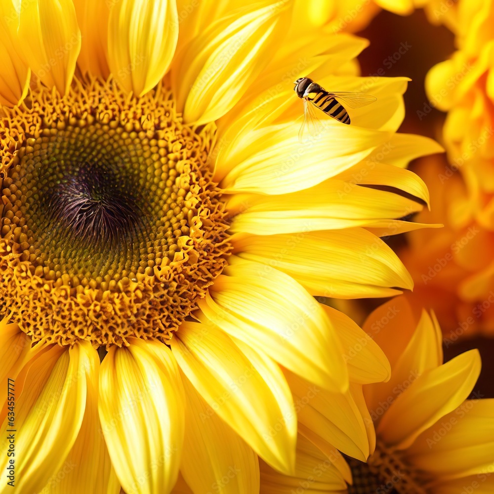 Obraz premium Close up of a bright yellow sunflower bouquet with hover fly