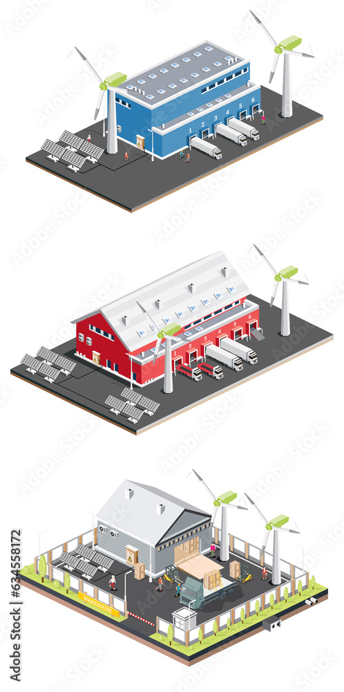 Isometric Distribution Logistic Center with Solar Panels with Wind Turbines.
