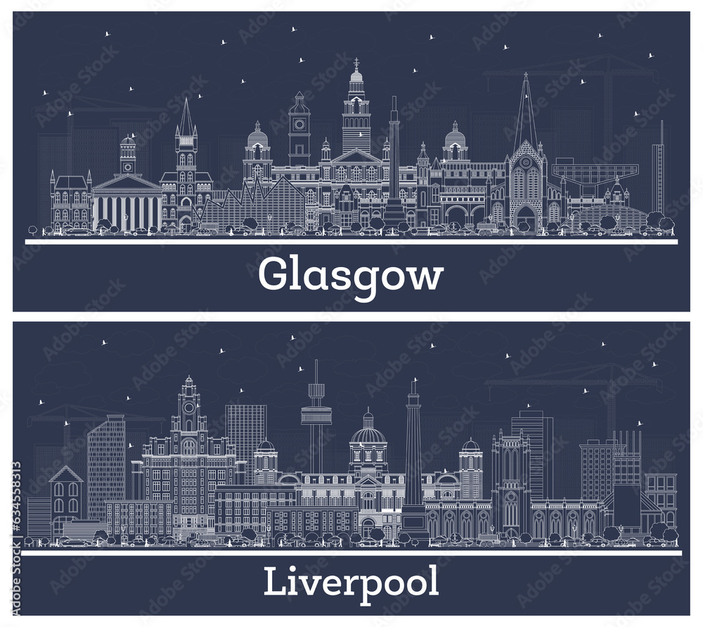 Outline Liverpool and Glasgow Scotland City Skyline Set.
