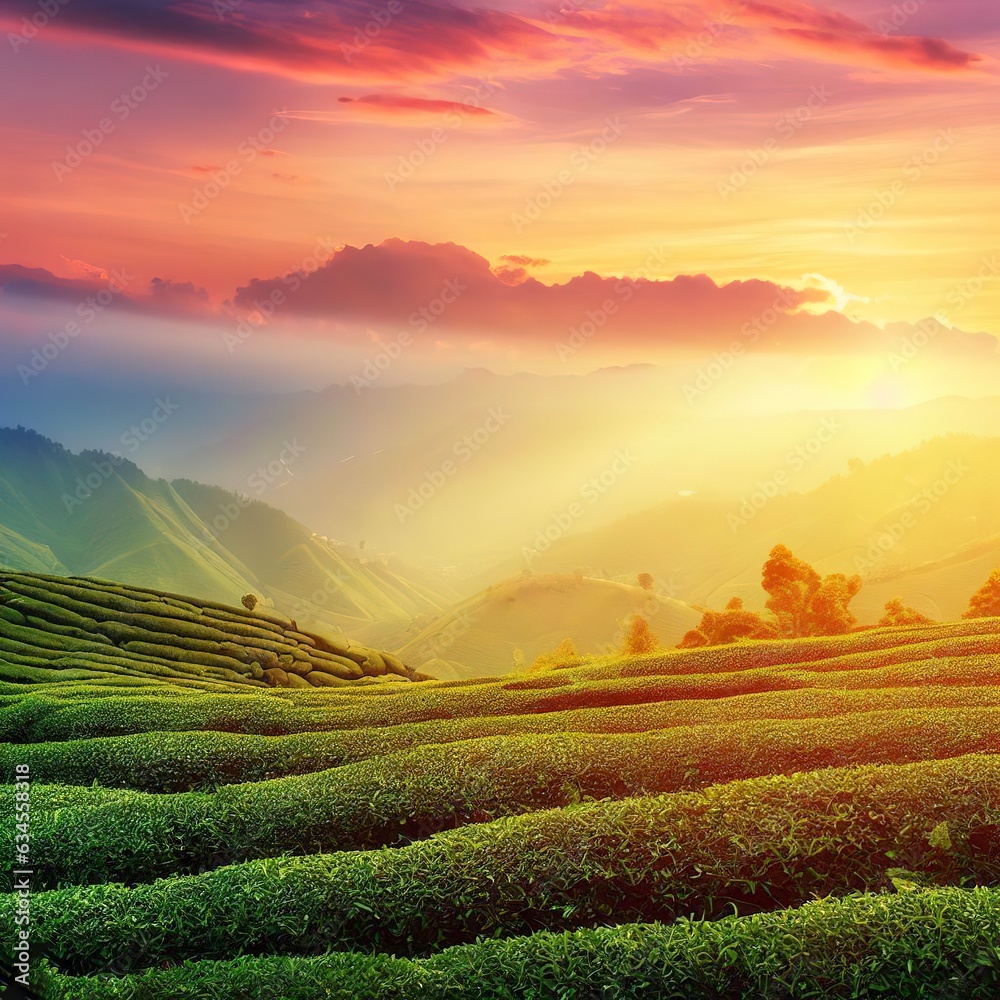 landscape of Tea plantation valley in sunset. sunrise time