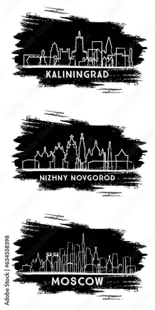 Moscow, Nizhny Novgorod and Kaliningrad Russia City Skyline Silhouette Set. Hand Drawn Sketch.