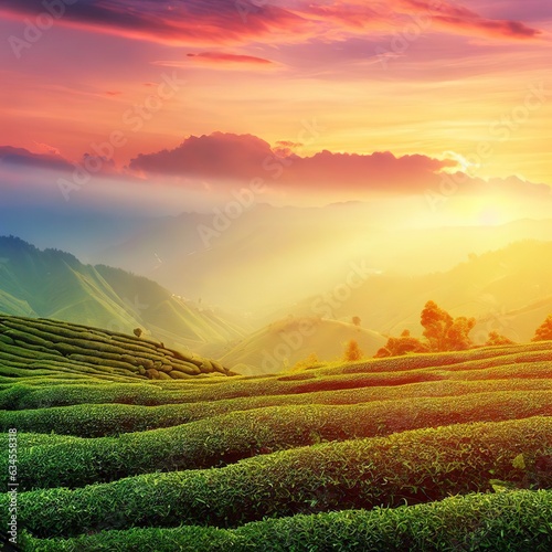 landscape of Tea plantation valley in sunset. sunrise time