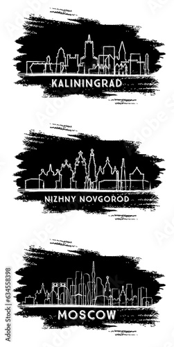 Moscow  Nizhny Novgorod and Kaliningrad Russia City Skyline Silhouette Set. Hand Drawn Sketch.