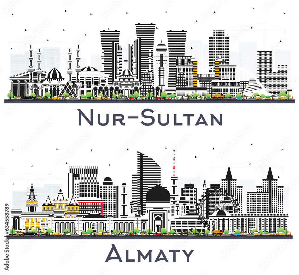 Almaty and Nur-Sultan Kazakhstan City Skyline Set with Color Buildings Isolated on White.