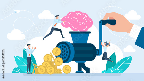 Monetization of knowledge and skills. Business concept. Metaphor brain goes through a meat grinder and gives profit. The concept of the value of an idea. Tiny business people. Vector illustration