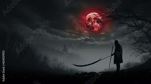 Silhouette of a man holding a scythe in his hand against the background of an eclipse and a foggy forest